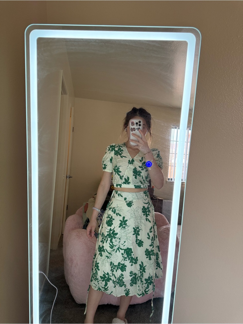 Two-piece Set of Floral Green and Cream Dress